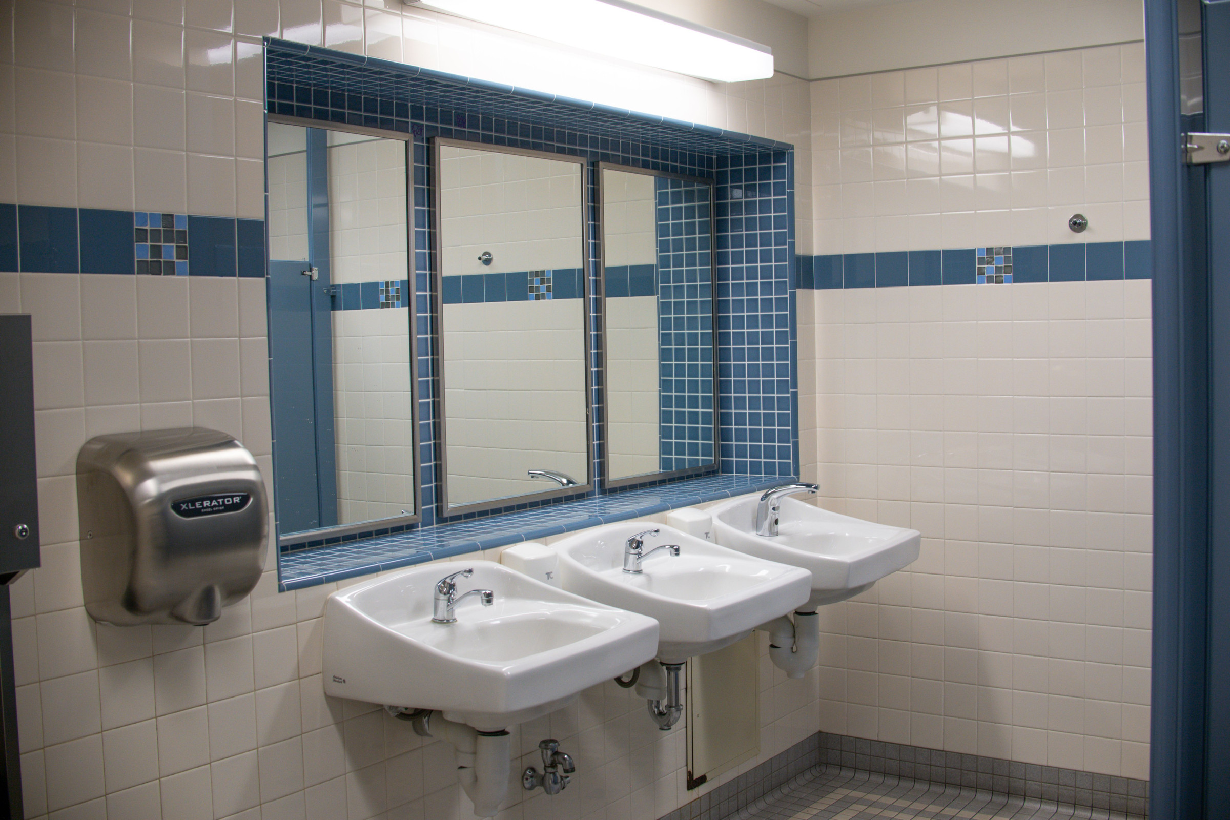 Sauberer gewerblicher Sanitärbereich mit Waschbecken und Spiegeln